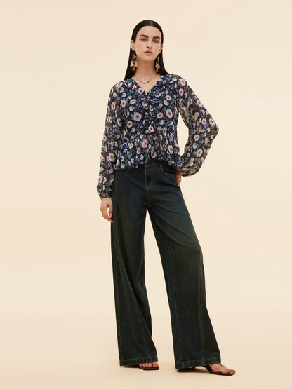 10MM Mulberry Silk Floral Print Women Ruffle V-Neck Blouse