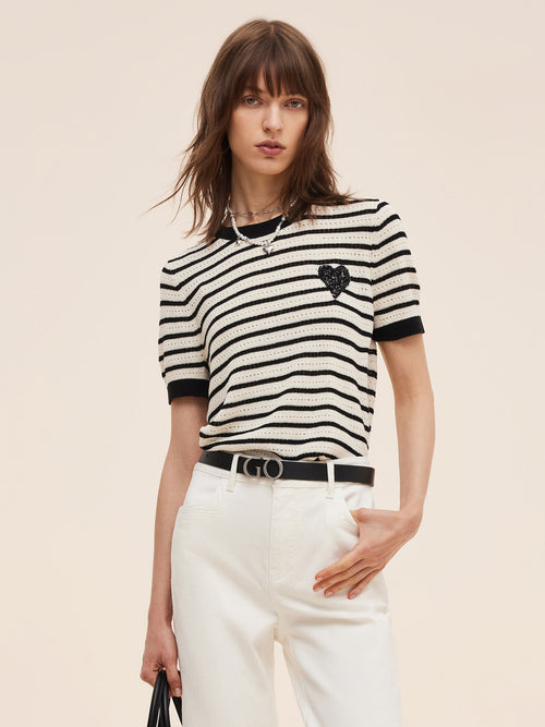 100% Cotton Stripe Women Openwork Knit T-Shirt