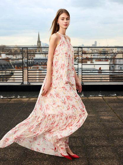 10 Momme Mulberry Silk Iris Print Halter Ruffle Women Maxi Dress
