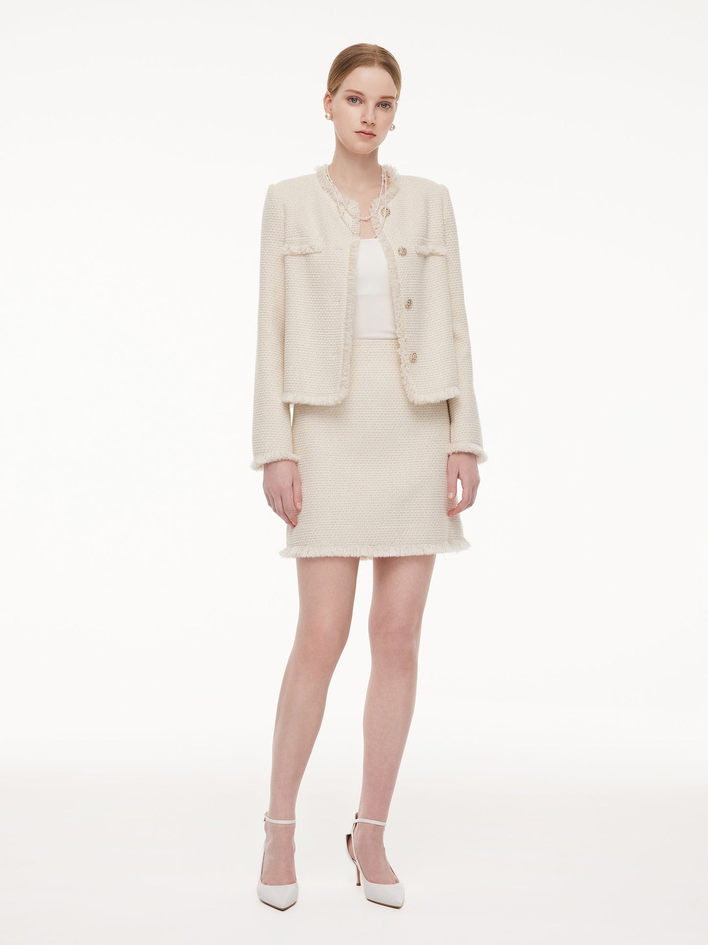 Wool Blend Tweed Fringe Trim Women Jacket