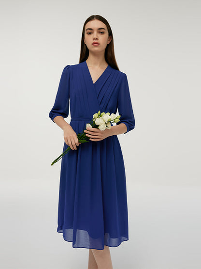 V-Neck Pleated Lace Up Wrap Midi Dress