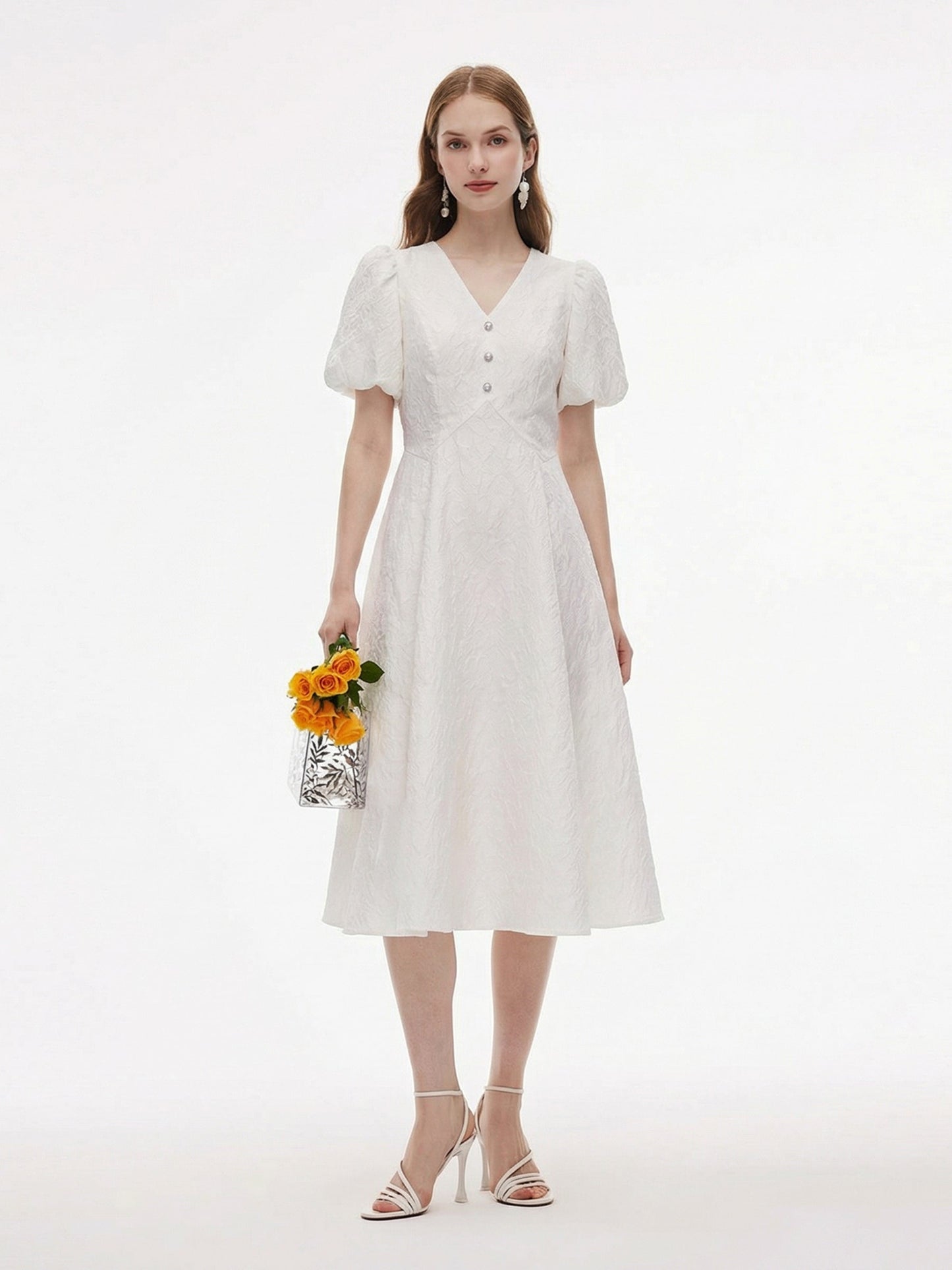 [Preview] Jacquard V-Neck Women Puff Sleeve Maxi Dress