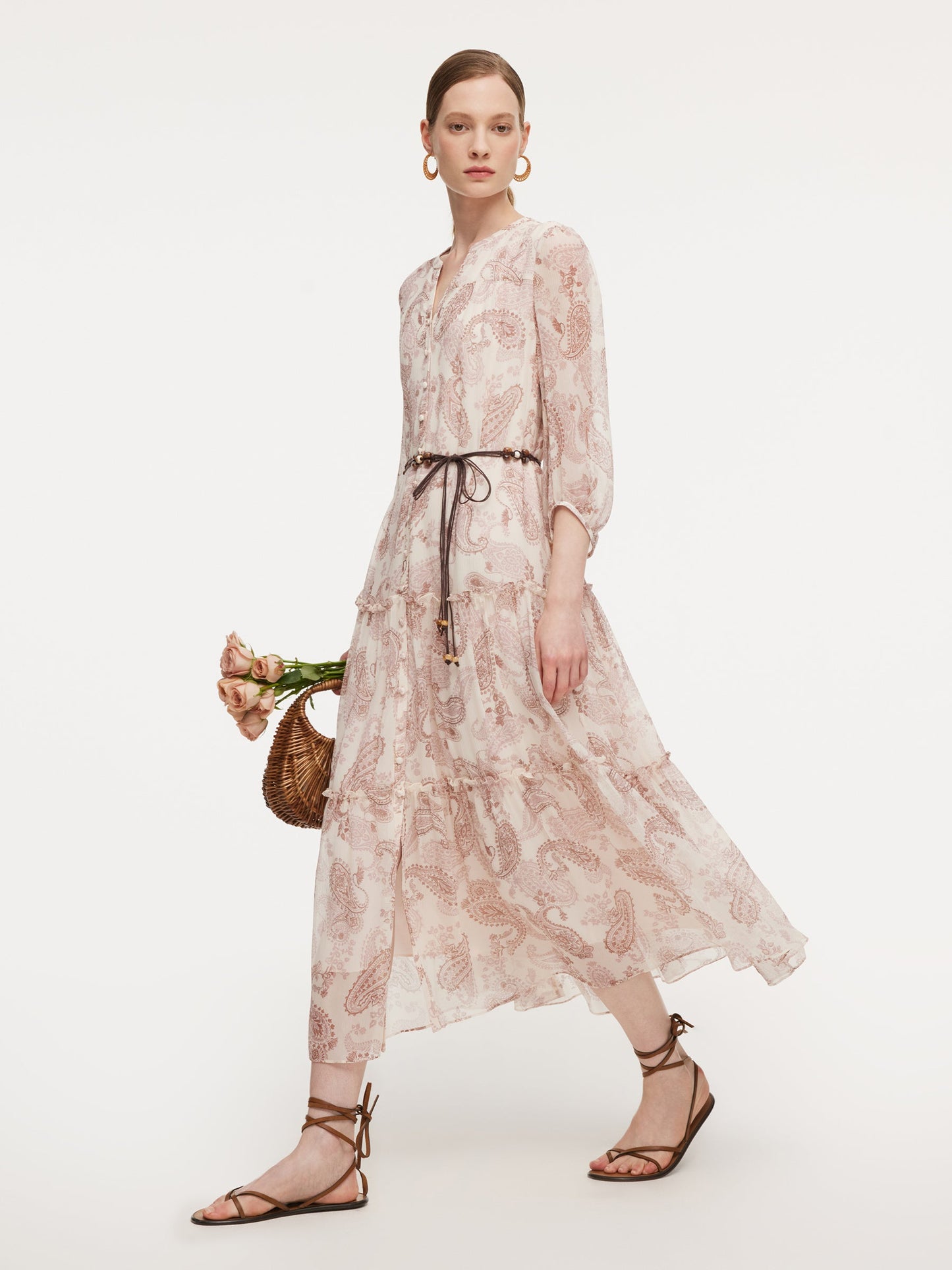 10MM Mulberry Silk Paisley Print Women Maxi Dress With Two Self-Tie Belts