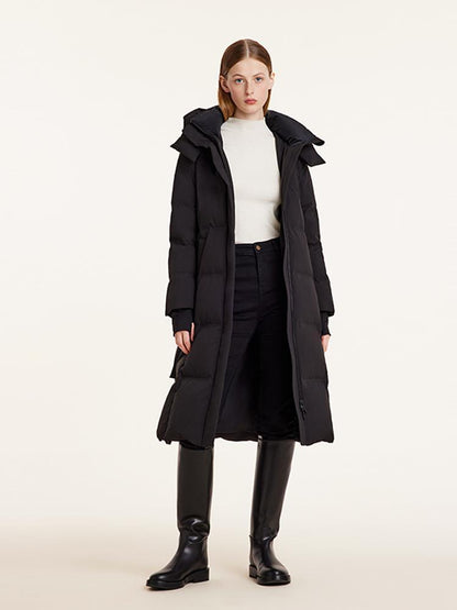Hooded Gathered Waist Long Goose Down Garment With Belt