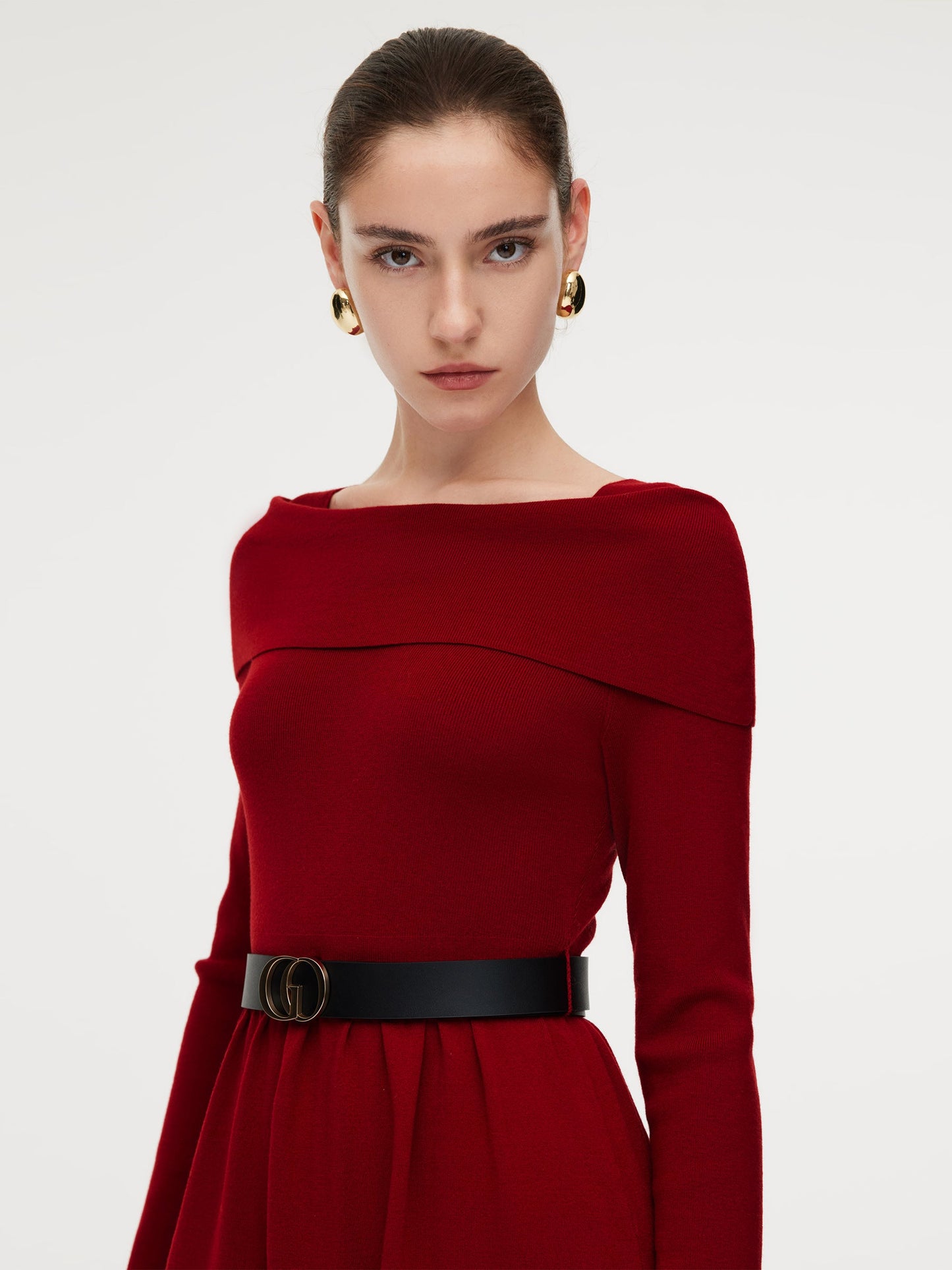 Tencel Wool Blend Boat Neck Women Knit Maxi Dress With Leather Belt