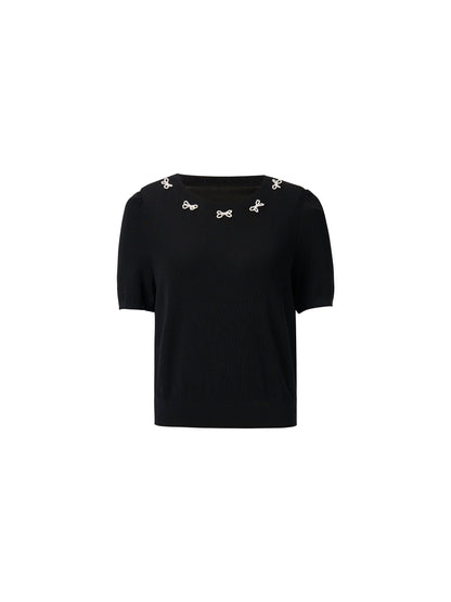 Lyocell Blend Beaded Bowknot Women Knit Top