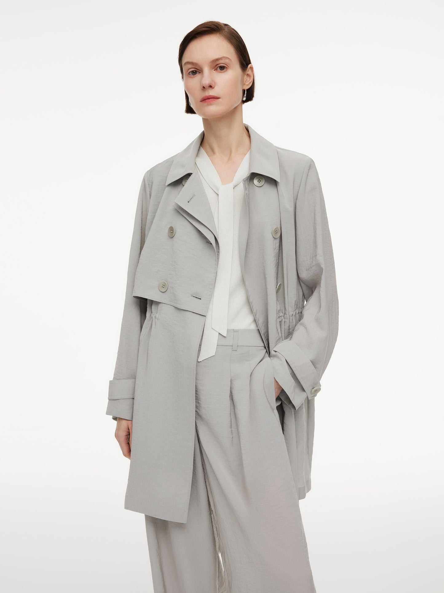 [Preview] Triacetate Blend Drawstring Waist Women Trench Coat