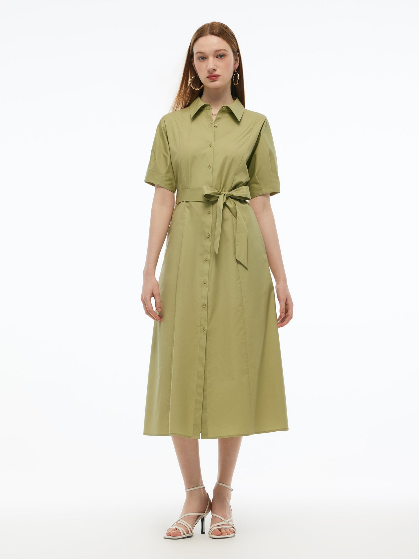 Gathered Waist Stretch Women Maxi Shirt Dress With Belt