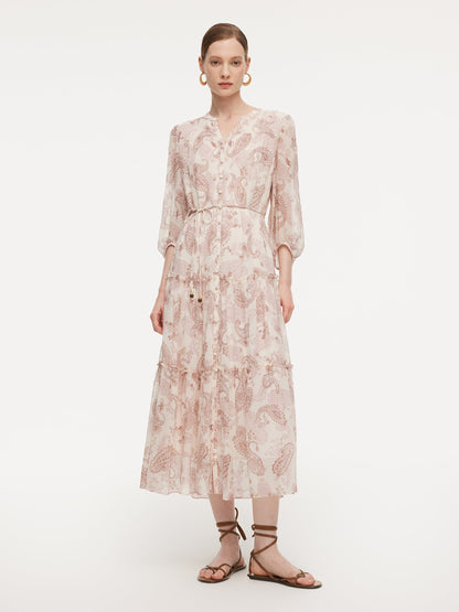 10MM Mulberry Silk Paisley Print Women Maxi Dress With Two Self-Tie Belts