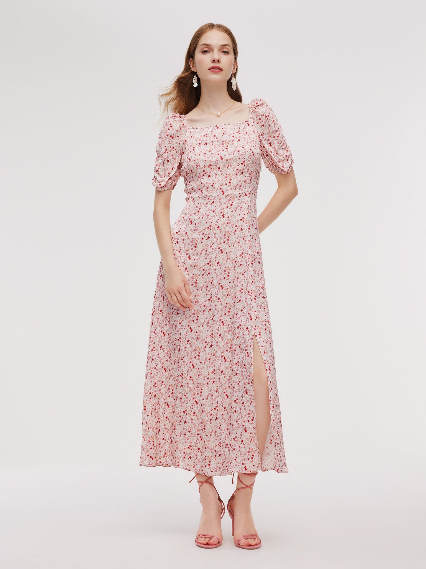 Floral Print Side Slit Women Ruched Sleeve Maxi Dress