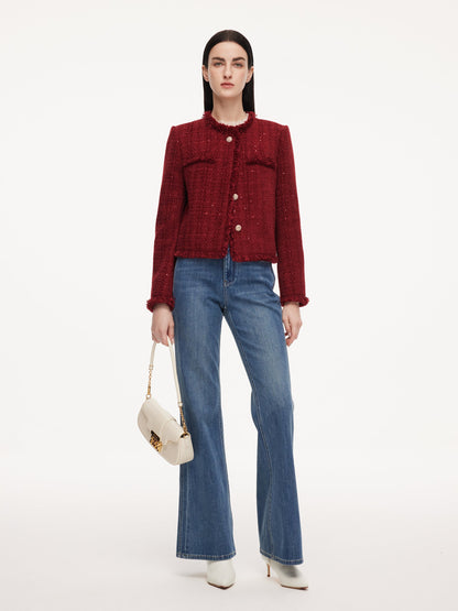 Wool Blend Tweed Sequins Fringe Trim Women Jacket