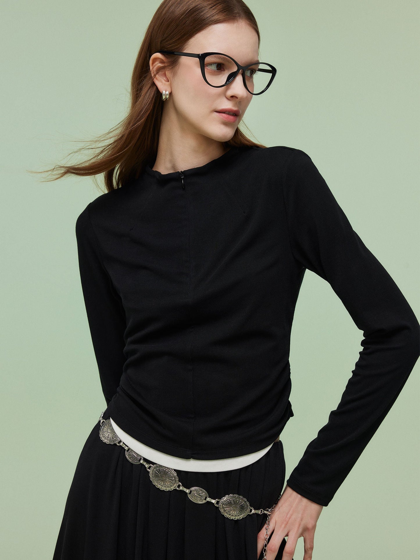 Tencel Blend Half-Zip Women Knit Top And Skirt Two-Piece Set
