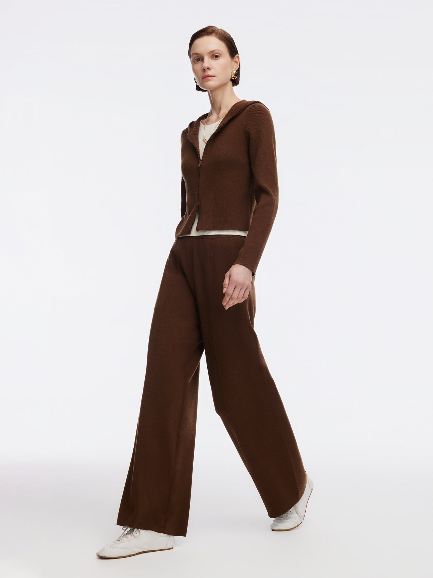 Tencel Wool Blend Faux-Layered Zip-Up Knit Top And Pants Two-Piece Set