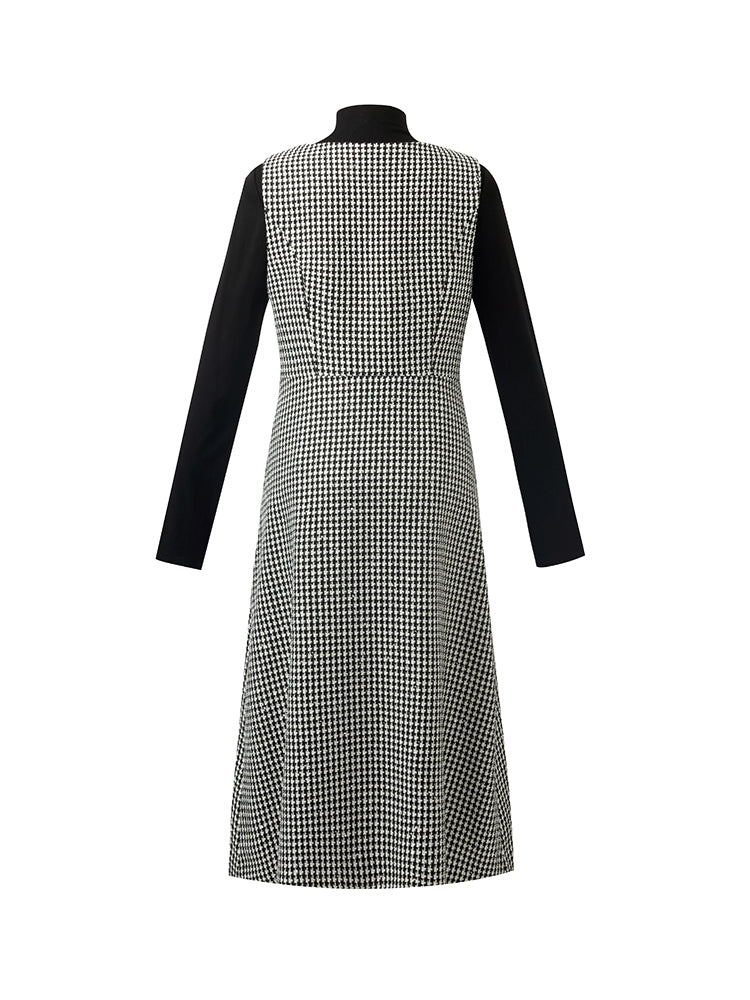 Black And White Houndstooth Vest Dress And Mock Neck Sweater Two-Piece Suit