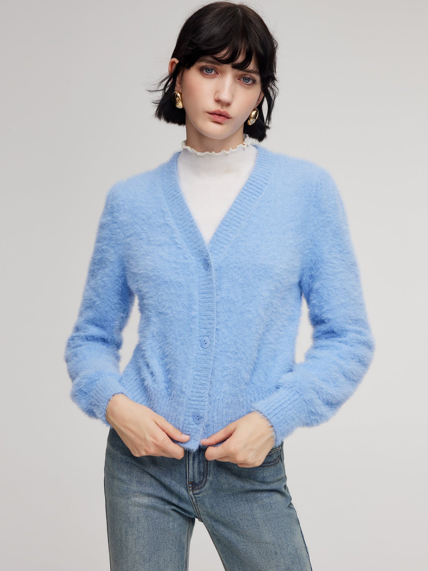 Faux Mink V-Neck Women Cardigan