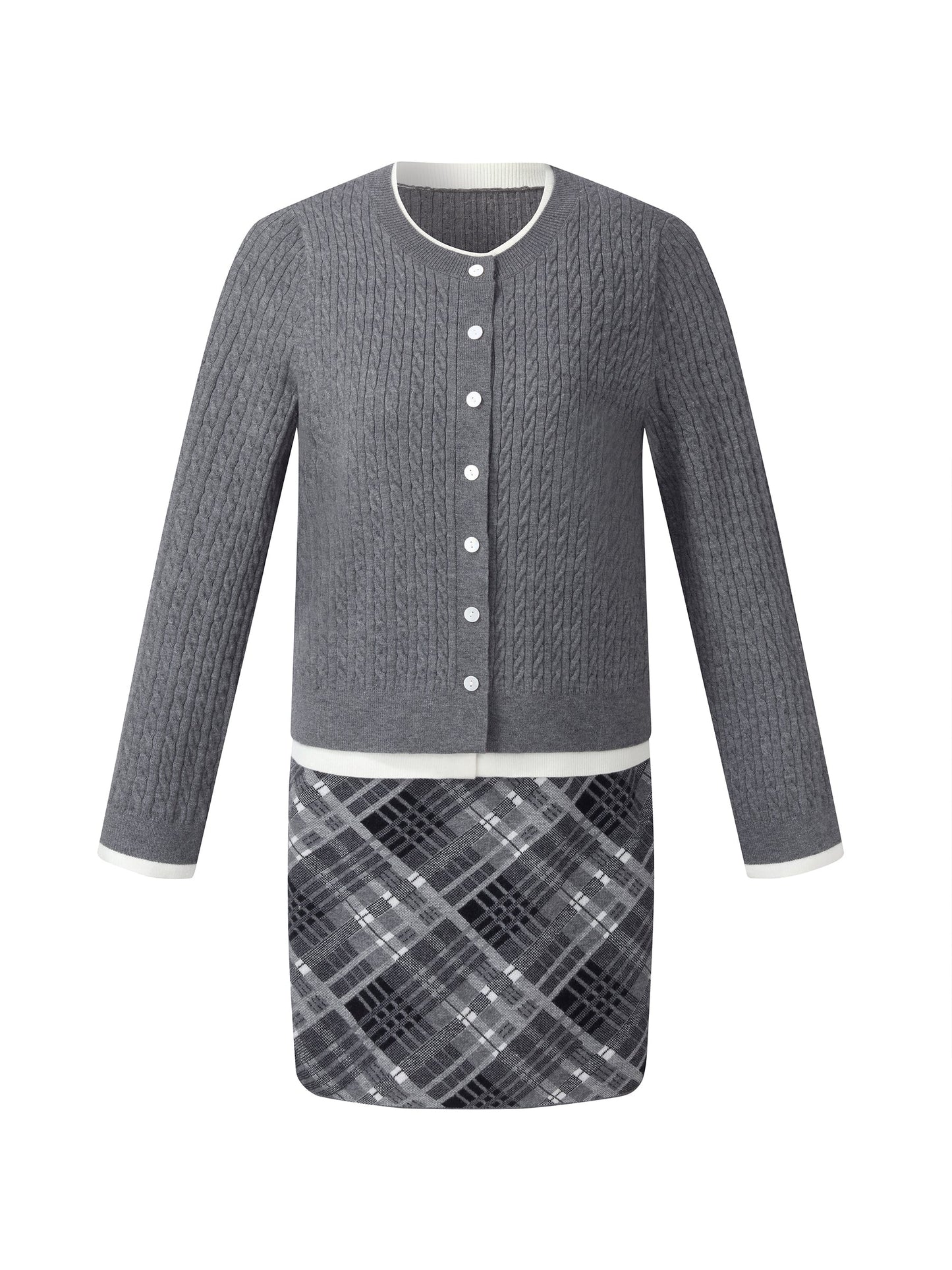 Faux-Layered Cardigan And Plaid Skirt Two-Piece Set