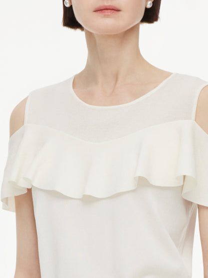 Tencel Blend Ruffle Cold Shoulder Women Knit Top