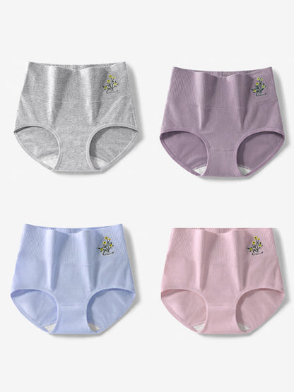 4件式女士藝術花卉刺繡高腰內褲