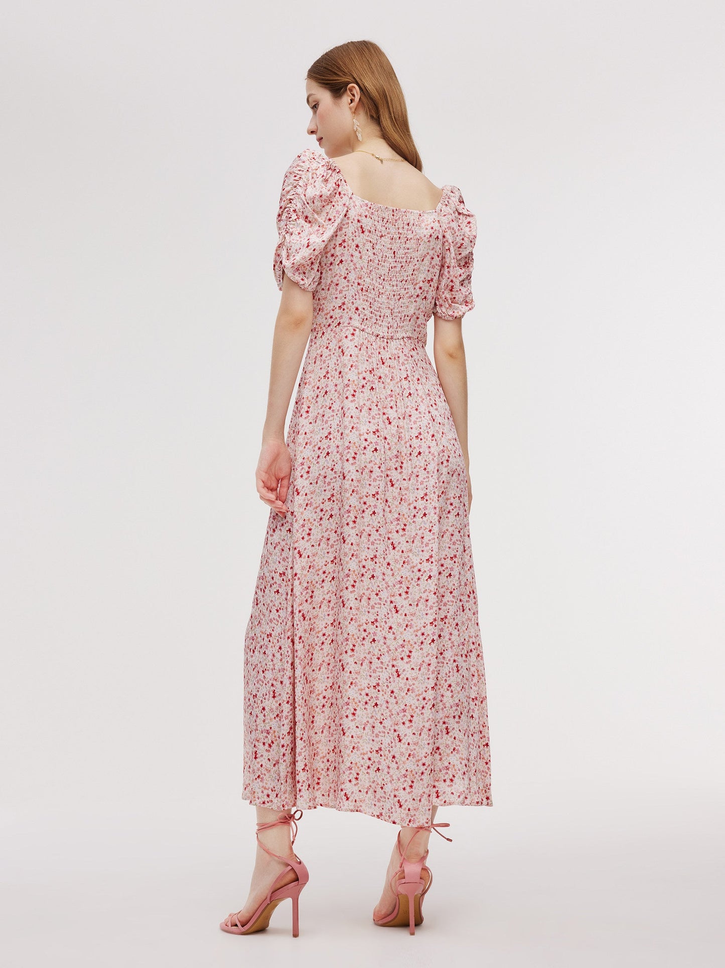 Floral Print Side Slit Women Ruched Sleeve Maxi Dress