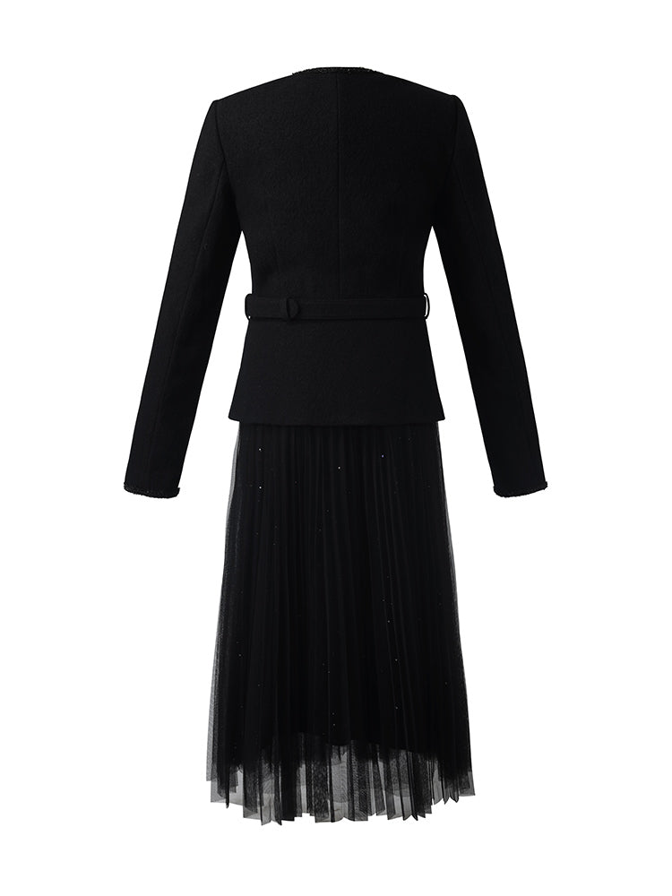 Wool Crop Jacket And Tulle Skirt Two-Piece Set With Belt
