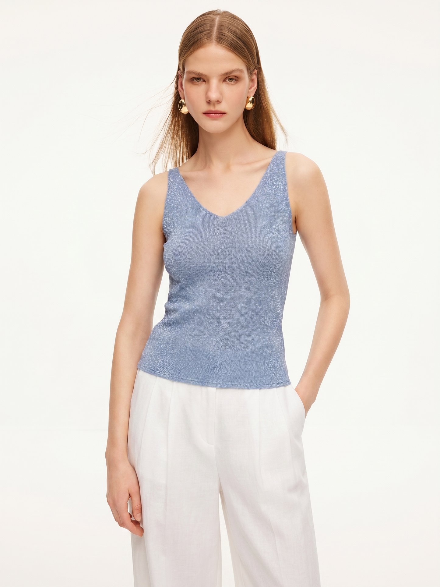 Glittering V-Neck Women Knit Tank Top