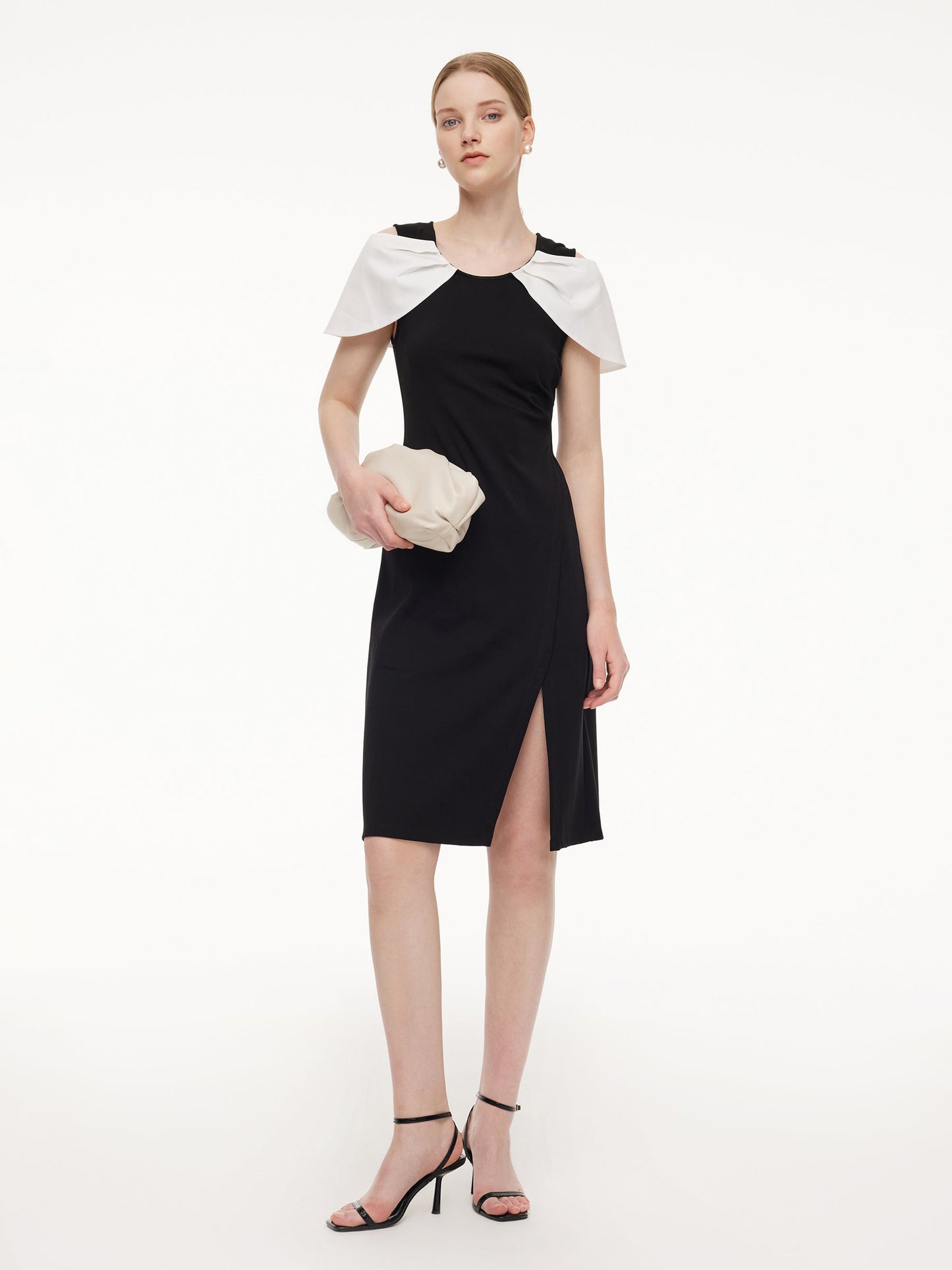 Pre-Order Color Block Cold Shoulder Women Patchwork Side Slit Knit Midi Dress