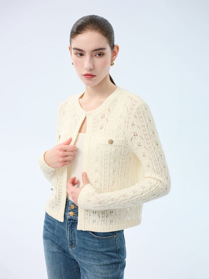 100% Wool Open Knit Women Cardigan