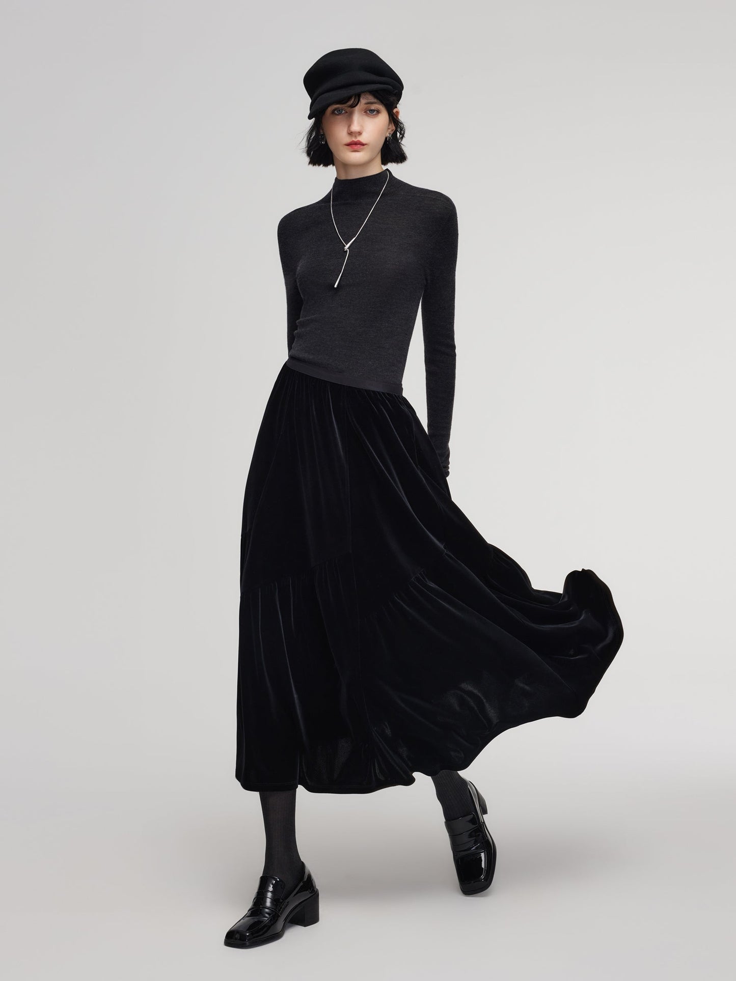Black Velvet A-Line Elastic Waist Women Skirt