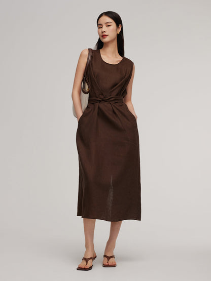 100% Linen Twist Front Women Sleeveless Maxi Dress