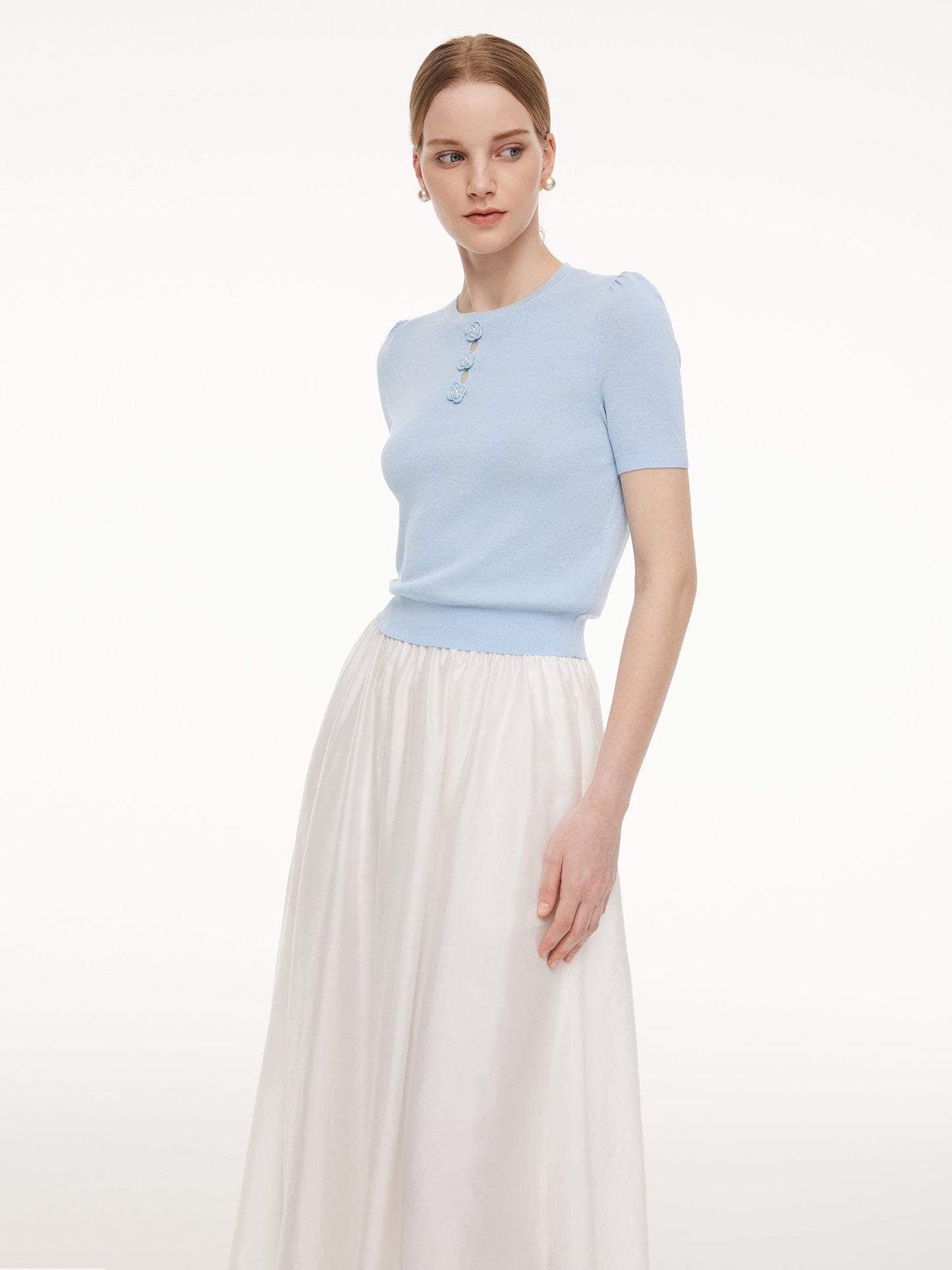 Tencel Blend Knit Top And A-Line Skirt Two-Piece Set With Detachable 3D Crochet Flowers
