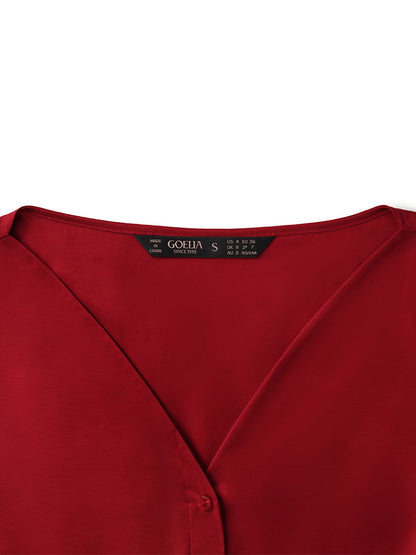 Petal Sleeves Gathered Waist V-Neck Women Midi Dress With Belt