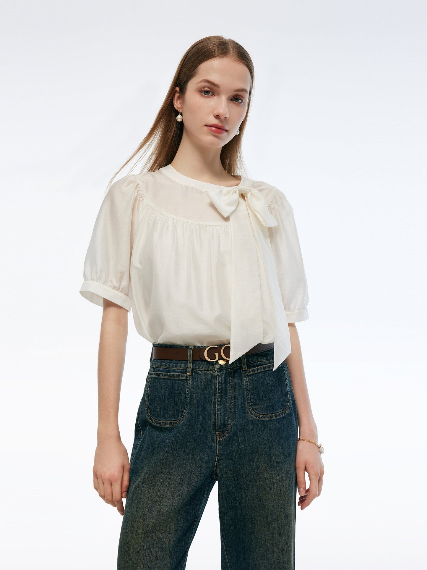 Tencel Blend Women Puff-sleeved Blouse