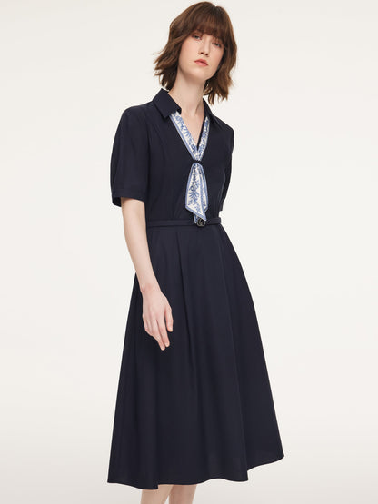 Linen Blend V-Neck Women Midi Dress With Silk Scarf And Belt