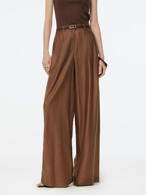 Tencel Blend Women Wide Leg Pants With GO Letter Leather Belt