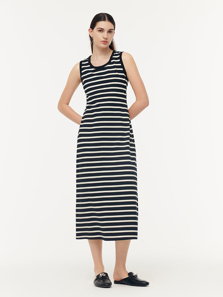 Black And White Stripe Women Knit Vest Maxi Dress