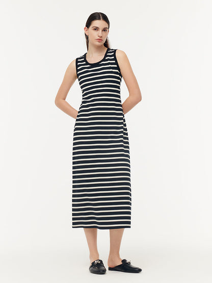 Black And White Stripe Women Knit Vest Maxi Dress