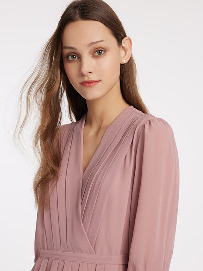 V-Neck Pleated Lace Up Wrap Midi Dress
