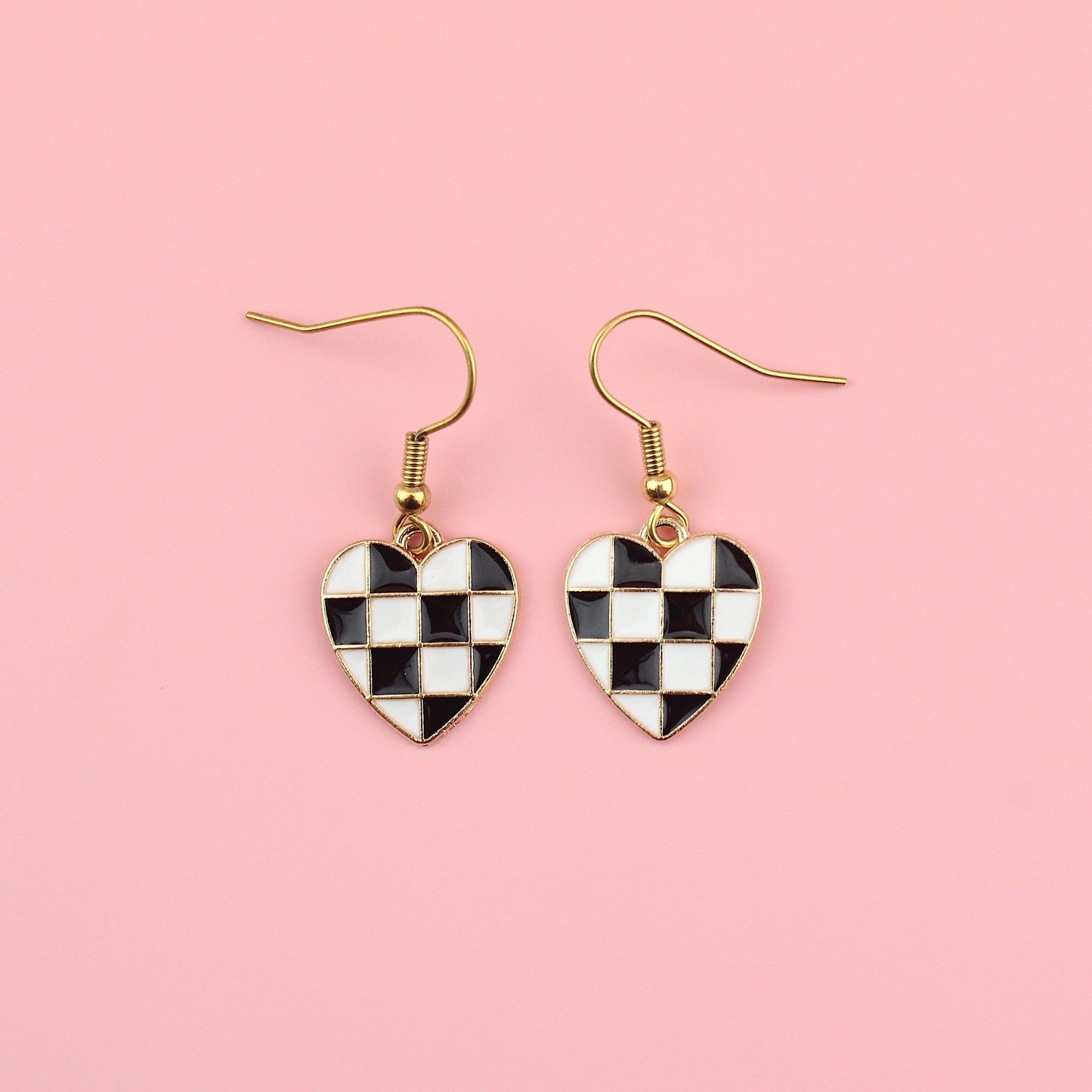 Black & White Heart Checkerboard Earrings
