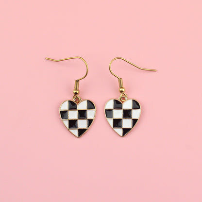 Black & White Heart Checkerboard Earrings