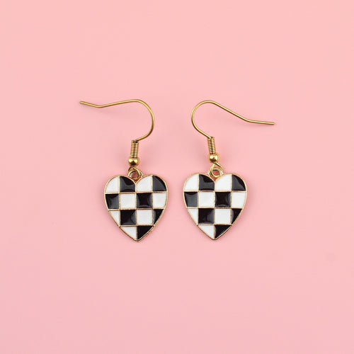 Black & White Heart Checkerboard Earrings