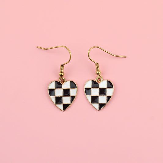 Black & White Heart Checkerboard Earrings