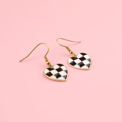 Black & White Heart Checkerboard Earrings
