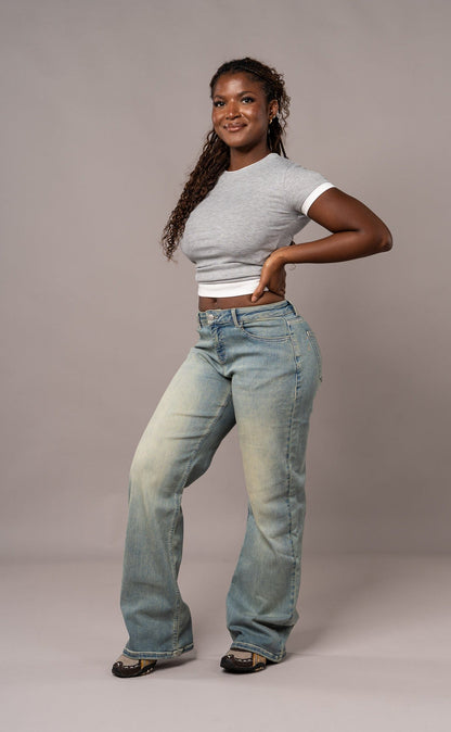 Womens Baggy Low Waisted Fitjeans - Distorted Blue