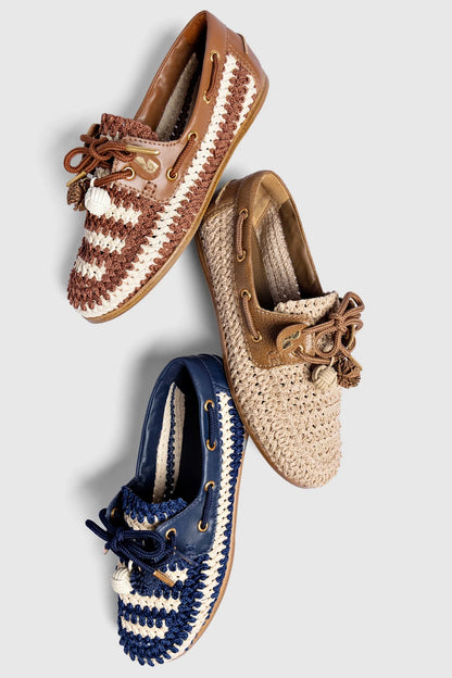 Cyprus Crochet Boat Shoe In Navy and Ivory Crochet and Navy Leather