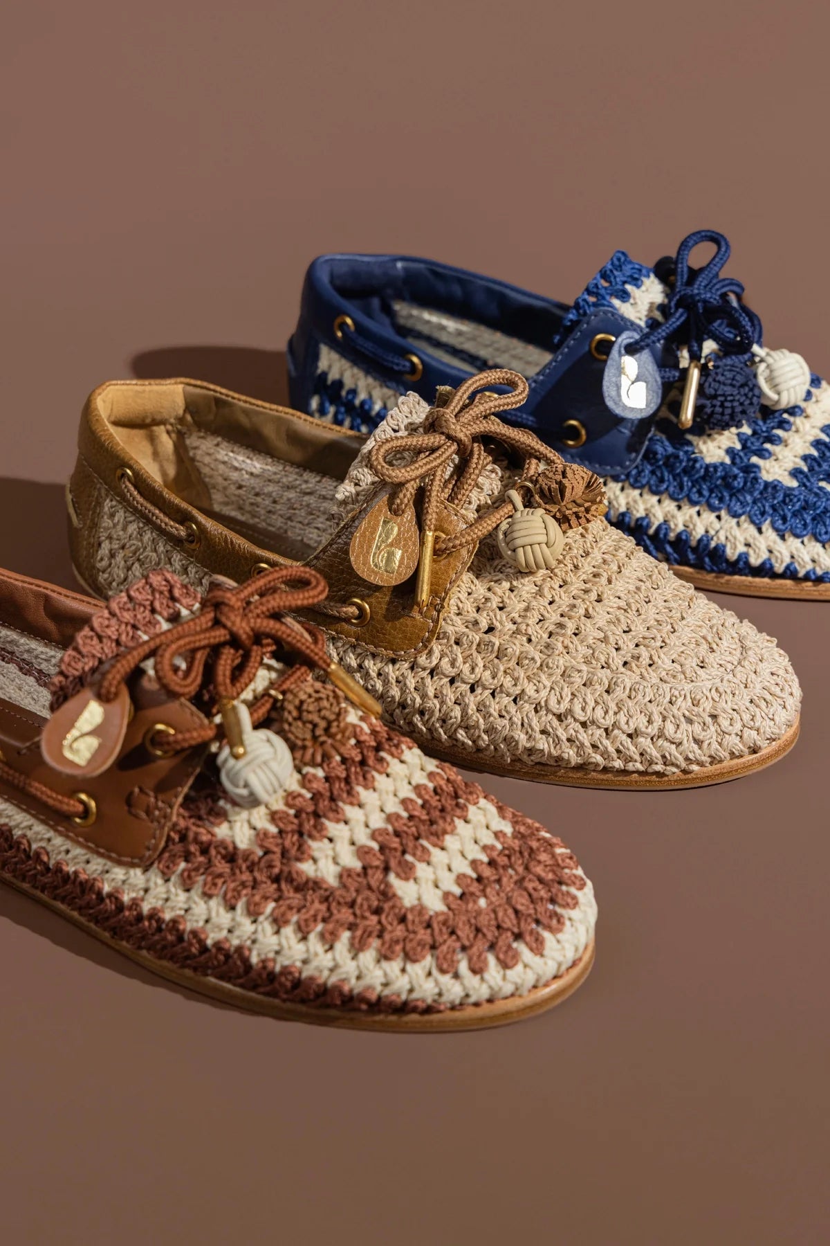 Cyprus Crochet Boat Shoe In Caramel and Ivory Crochet and Caramel Leather