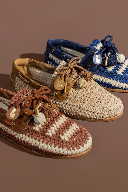 Cyprus Crochet Boat Shoe In Natural Crochet and Russet Leather