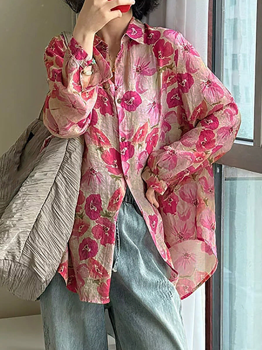女士夏季藝術花朵翻領襯衫