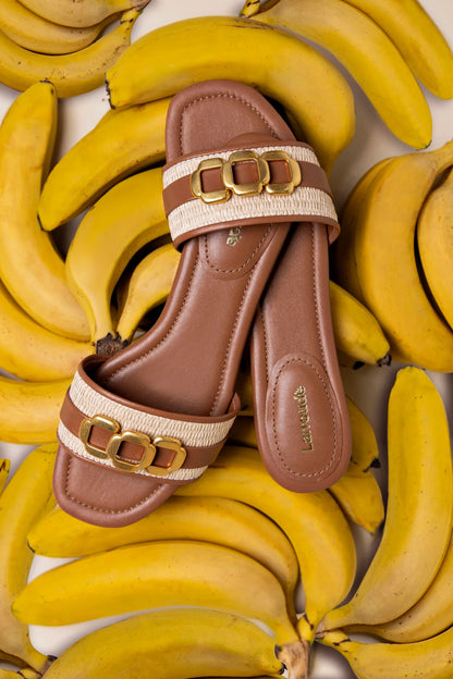 Franca Flat In Natural Raffia And Caramel Leather