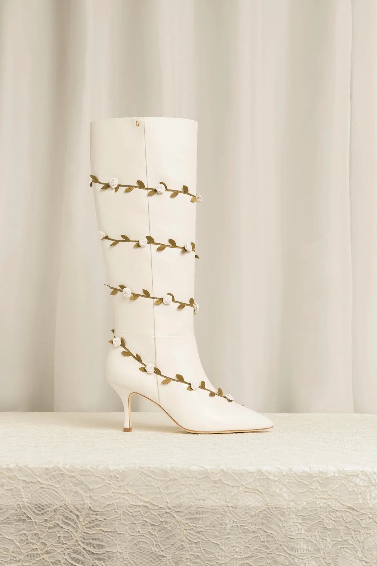 Larroudé x Tanner Fletcher: Kate Mid Rose Vines Boot Ivory Leather