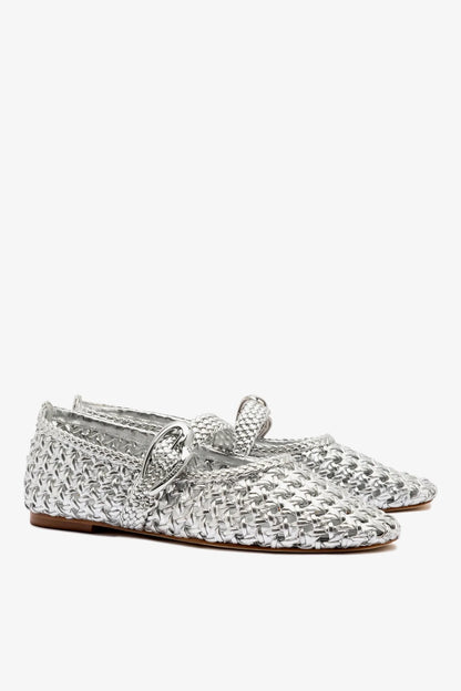 Verona Macrame Ballet Flat In Silver Metallic Leather